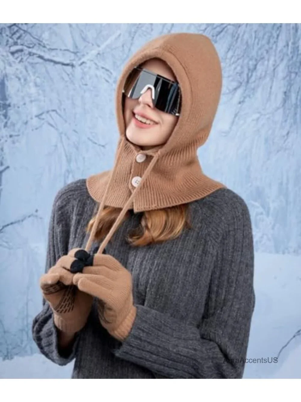 Winter Knit Balaclava & Gloves Set with Buttoned Mouth Cover